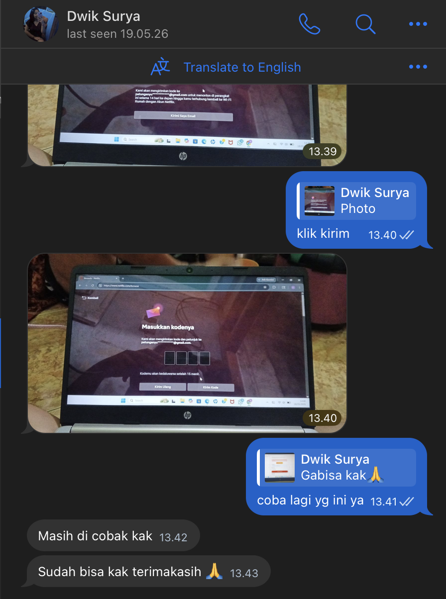 Screenshot bukti member Patunganyuk.id berhasil dapat OTP Netflix